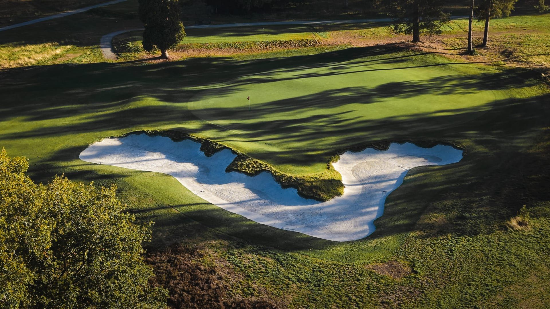 A green and its bunker at North Hants Golf Club in late evening shadow